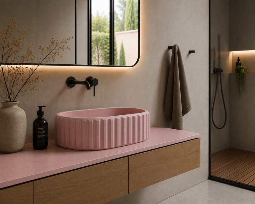 Hāwea fluted concrete basin in an architectural bathroom by Consculpt