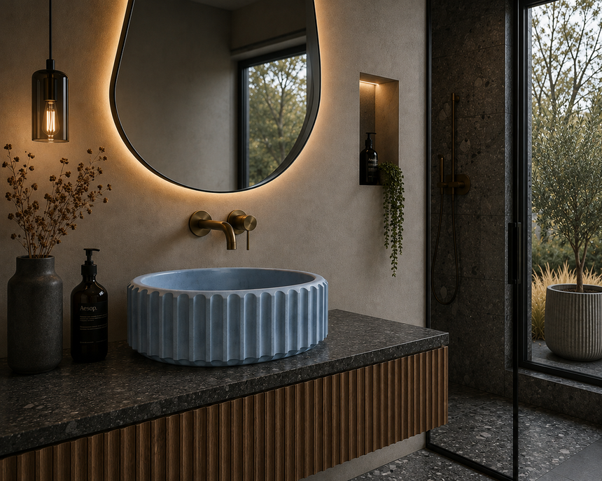 Wānaka fluted concrete basin in an architectural bathroom by Consculpt